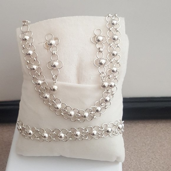 New Necklace Earrings & Bracelet Jewelry Set Sterling Silver 950